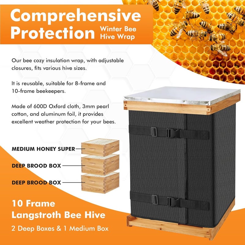 LeadGoods Winter Bee Hive Wrap for 8 and 10 Frame Hives, Adjustable Beehive Wrap Beekeeping Supplies, 600D Oxford Insulated Cover, Waterproof, Windproof, Lightweight, Reusable, 75.98" x 23.6" (2 Pcs) - Image 4